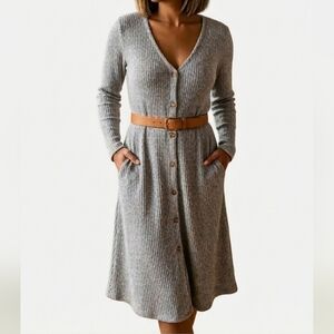 [Monteau] Sable Sweater Knit Long Sleeve Button Down V Neck Dress Medium